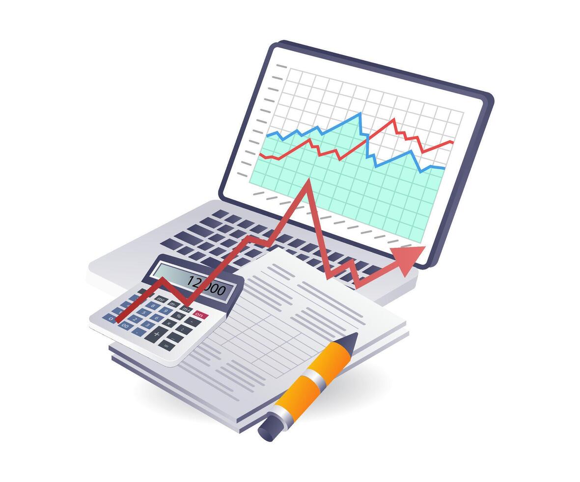 impuesto financiero análisis datos infografia plano isométrica 3d ilustración vector