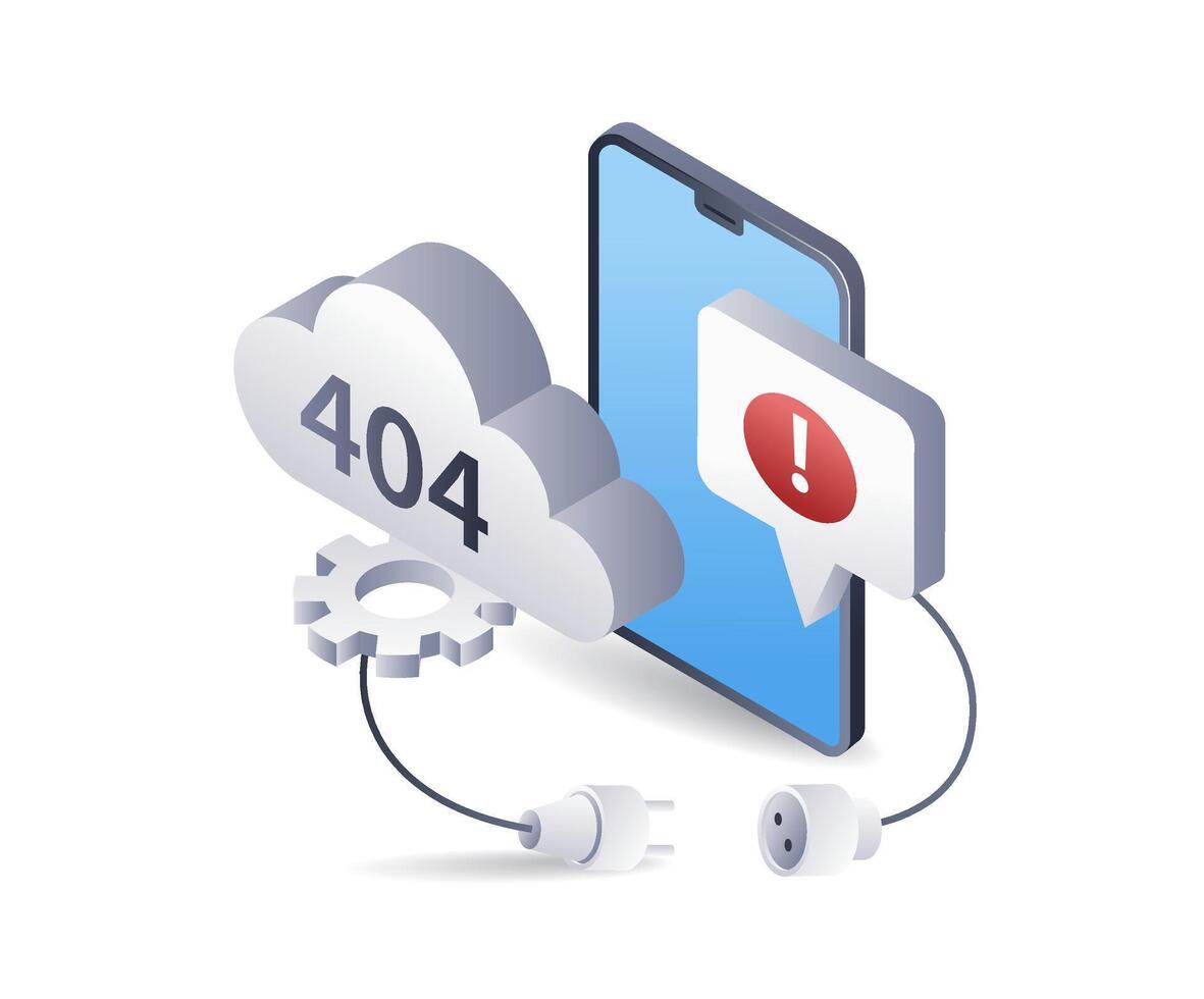 Smartphone application server system error 404, infographic 3d flat isometric illustration vector