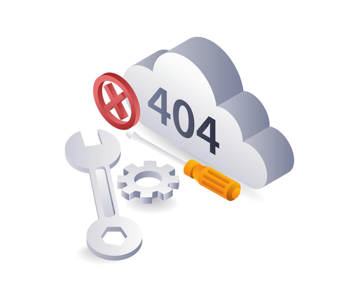 Technology system error code 404 repair cloud symbol, flat isometric 3d illustration infographic vector