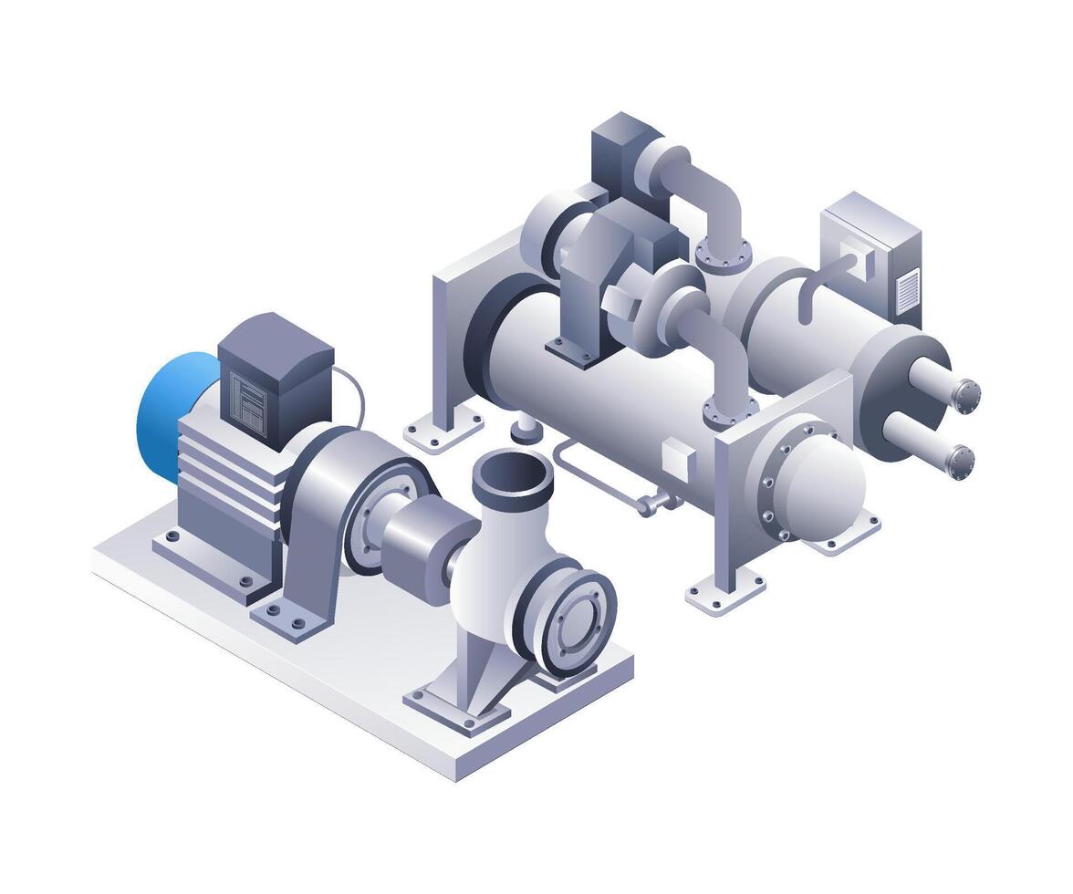 industrial enfriador agua bomba tubo tubo infografía plano isométrica 3d ilustración vector