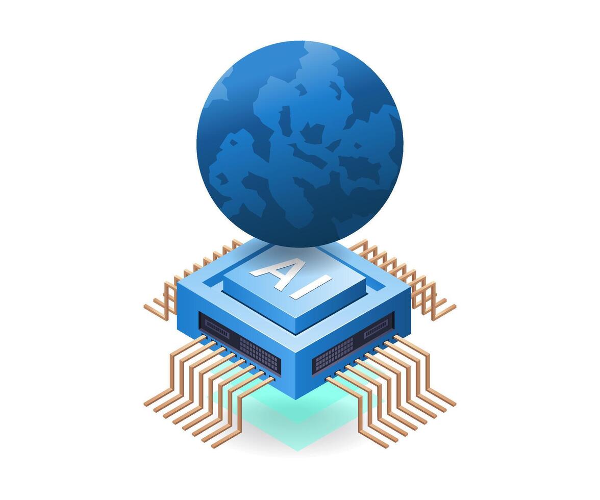 World of artificial intelligence internet infographics 3d illustration flat isometric vector