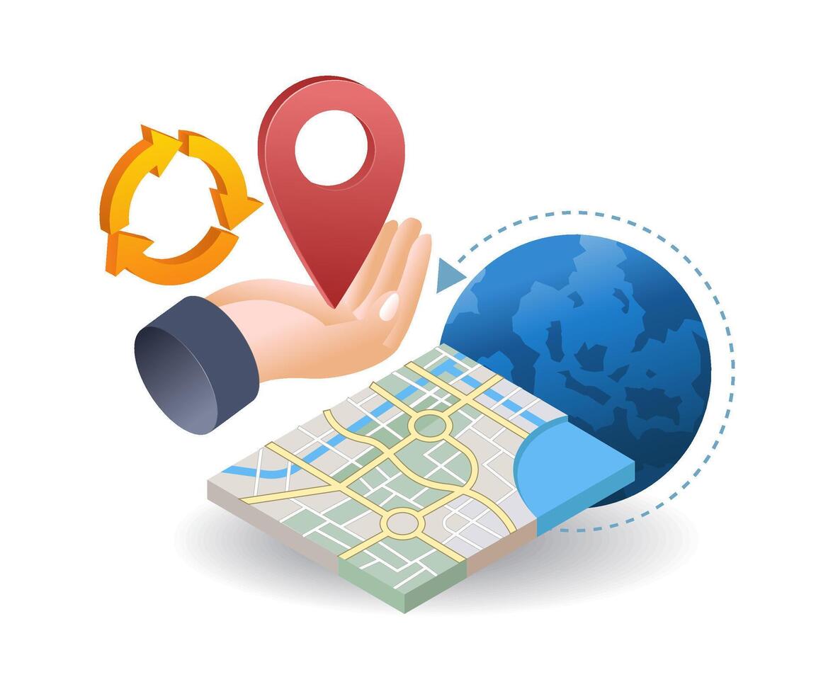 Location pin with map in hand infographic flat isometric 3d illustration vector