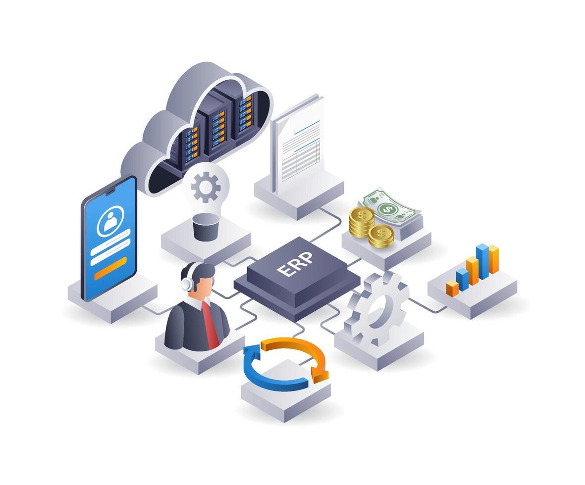 ERP network business technology system, infographic 3d illustration flat isometric vector