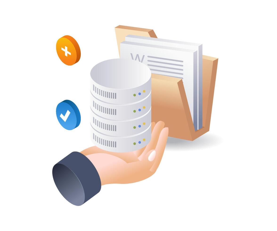 Database folder above hand technology infographic flat isometric 3d illustration vector