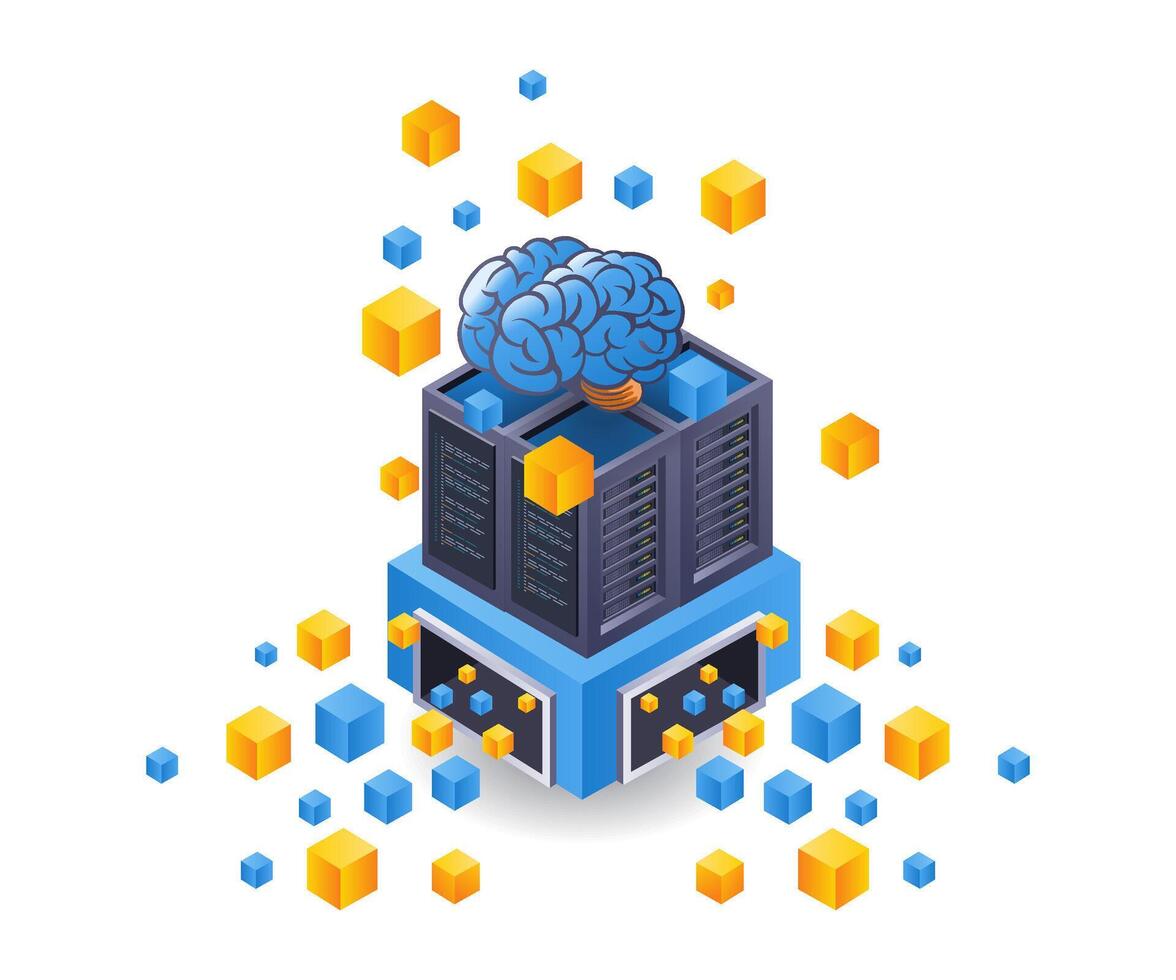 Artificial intelligence blockchain technology isometric flat illustration vector