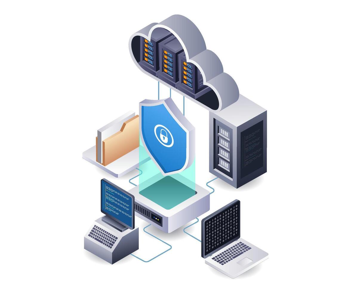 nube servidor seguridad datos centrar tecnología infografía 3d ilustración plano isométrica vector