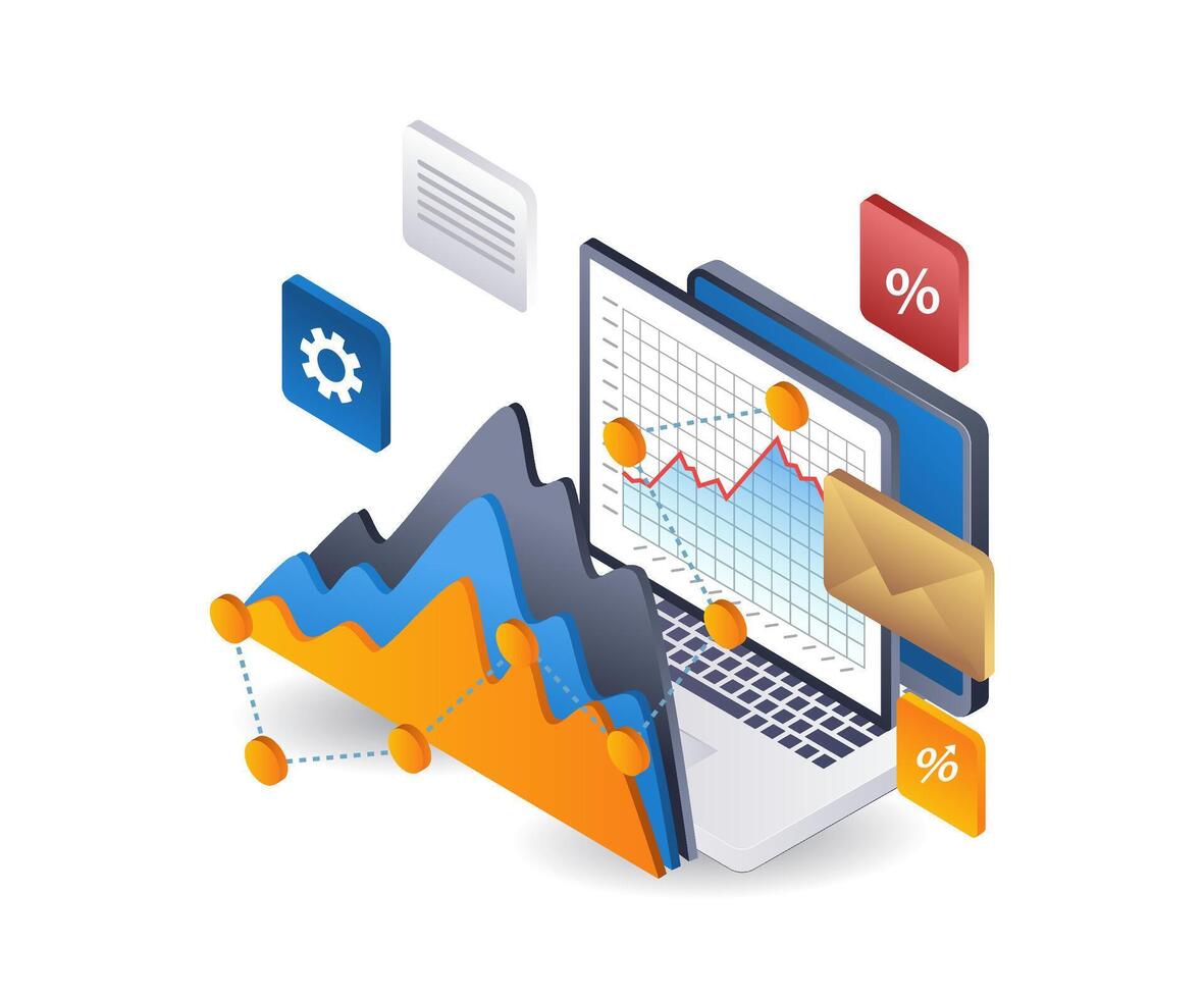 Analysis data on the development of online investment businesses, infographics flat isometric 3D illustrations vector