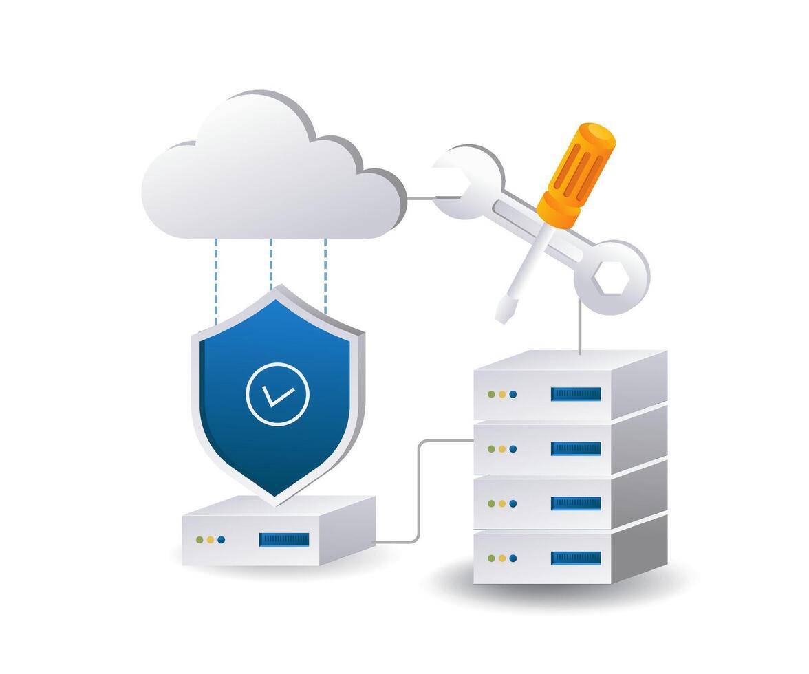 nube servidor seguridad mantenimiento tecnología infografía 3d ilustración plano isométrica vector