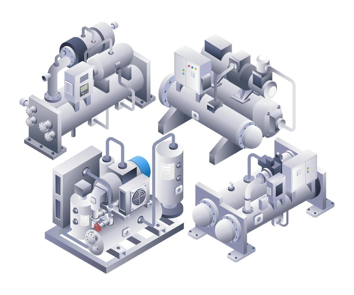 industrial máquina tubo tubo agua enfriador infografía plano isométrica 3d ilustración vector