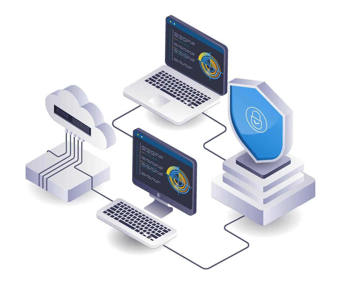 Cloud server computer analyst infographic 3d illustration flat isometric vector