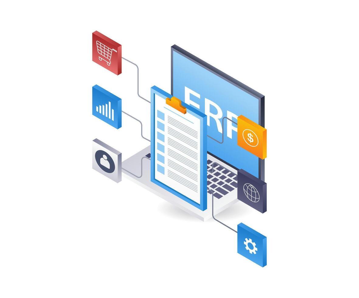 ERP computer developer network business technology, infographic illustration 3d flat isometric vector