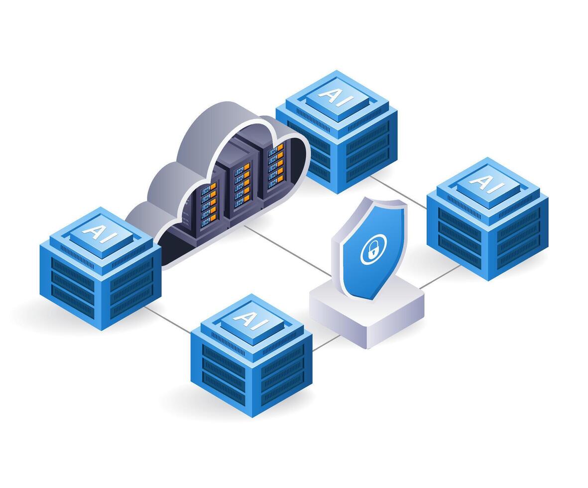 Network AI cloud server technology system, infographic 3d illustration flat isometric vector