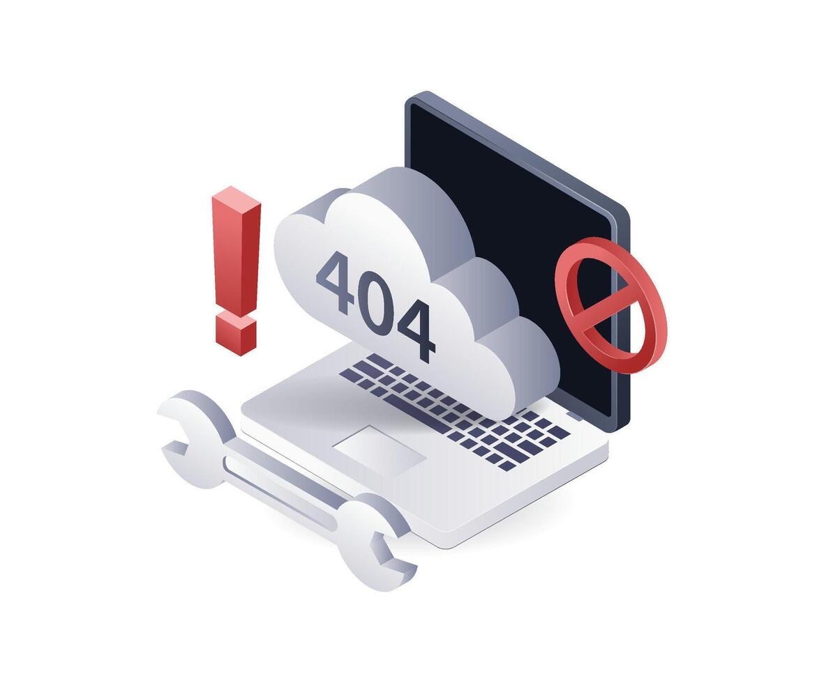The computer received an error warning code 404, technology system, 3d flat isometric illustration infographic vector