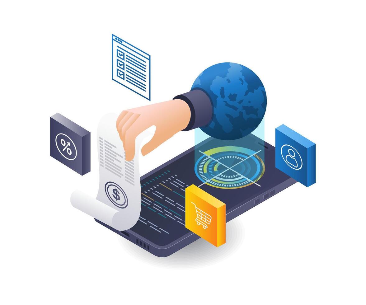 en línea afiliado negocio ingresos detalles infografía plano isométrica 3d ilustración vector