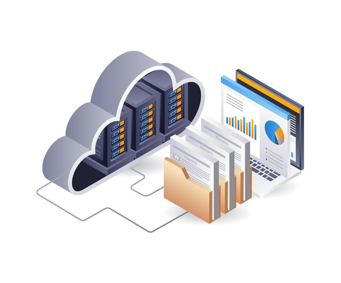 Computer cloud data server, infographic 3d illustration flat isometric vector