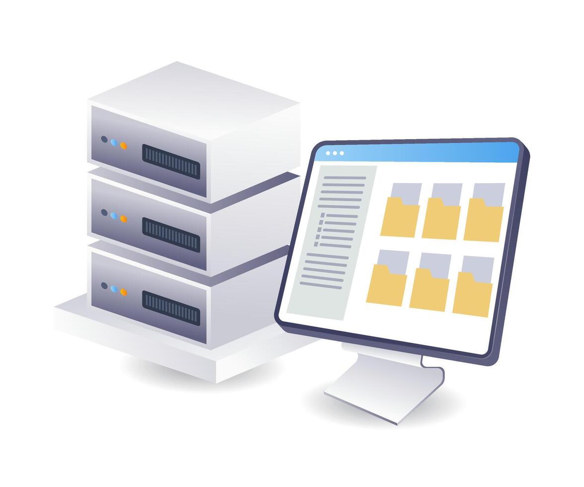 Computer folder data server technology infographics flat isometric 3d illustration vector