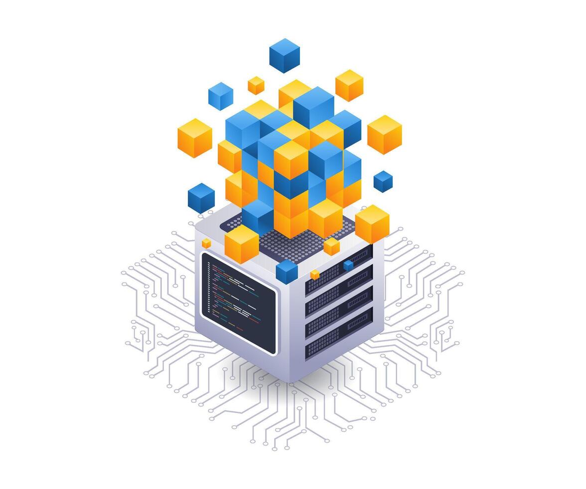 Blockchain server technology isometric flat illustration vector