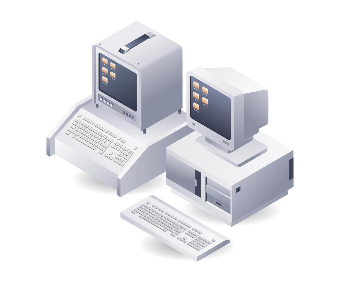 Retro classic computer technology infographic flat isometric 3d illustration vector