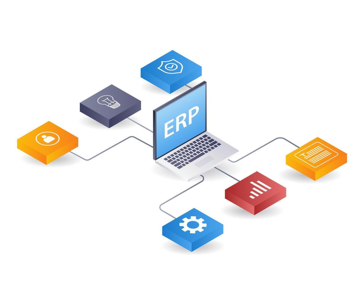 Technology business ERP network developer computer, flat isometric 3d illustration infographic vector