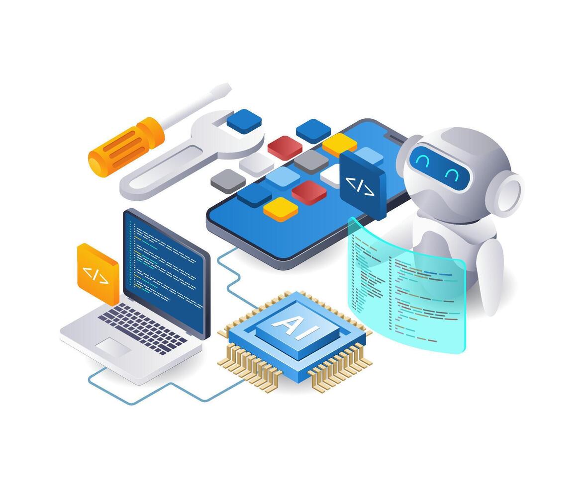 robot ai crear teléfono inteligente aplicación tecnología infografía plano isométrica 3d ilustración vector