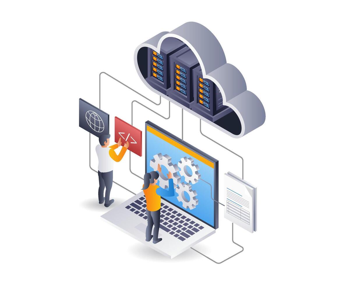 Cloud server hosting technology developer team, flat isometric 3d illustration infographic vector