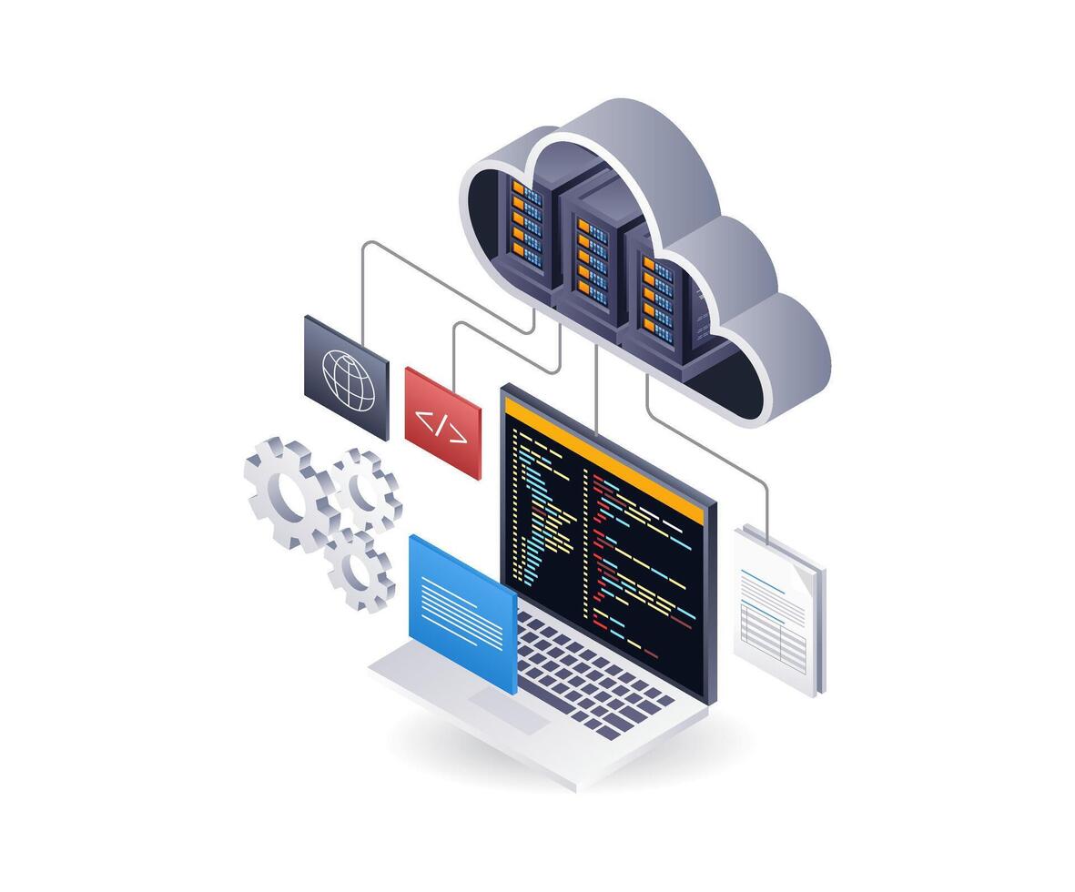 Technology cloud server programming language, isometric flat 3d illustration infographic vector