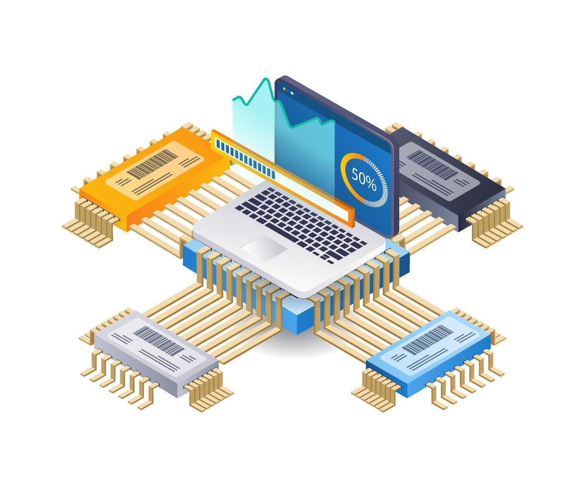 Analysis of computer VGA speed technology infographics, flat isometric 3D illustration vector