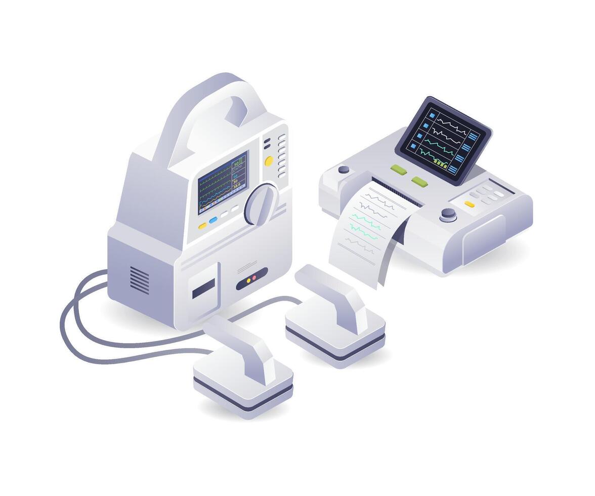 Medical doctor tools heart pacemaker and ultrasound technology infographics flat isometric 3d illustration vector