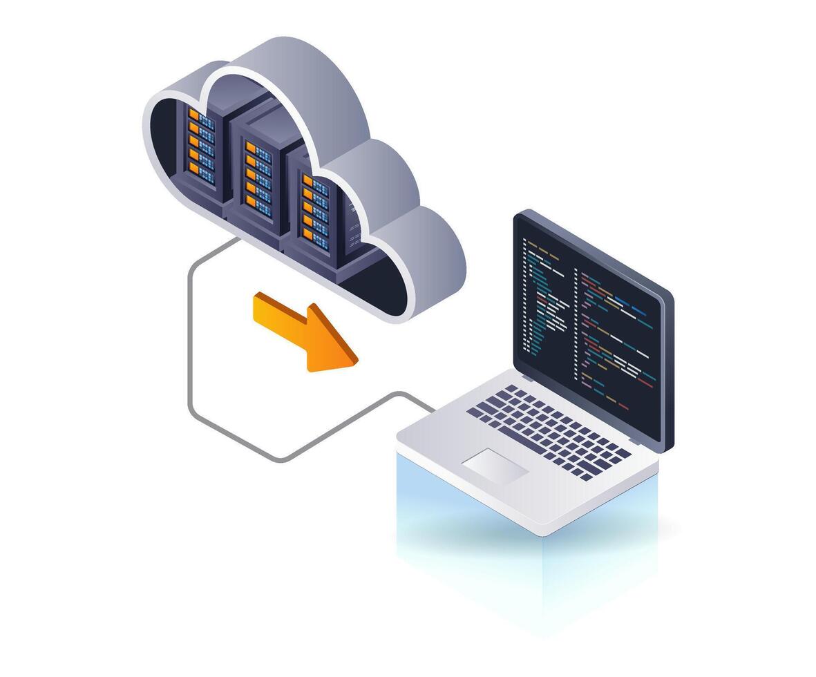 Technology cloud server programmer computer, isometric flat 3d illustration infographic vector