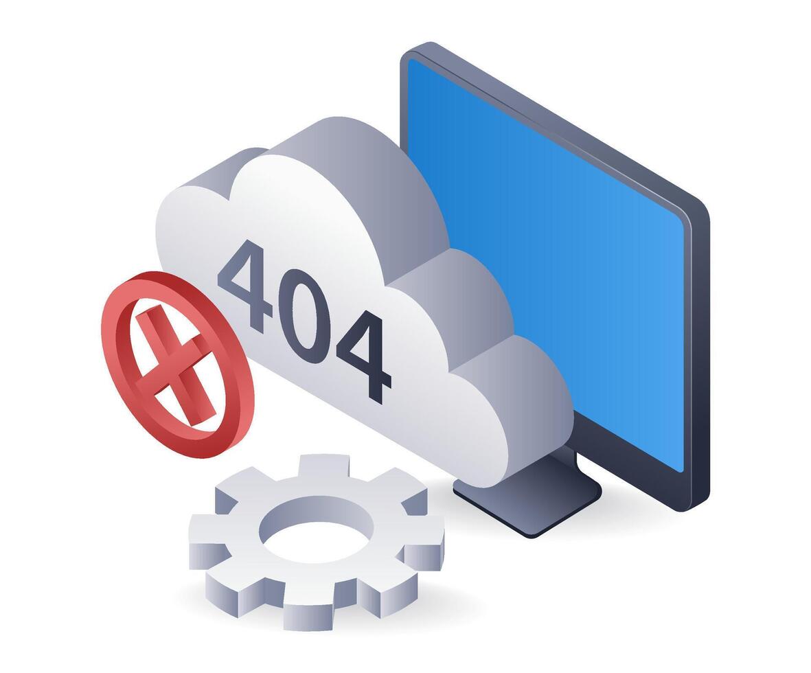 Computer error code 404 technology system, infographic illustration 3d flat isometric vector