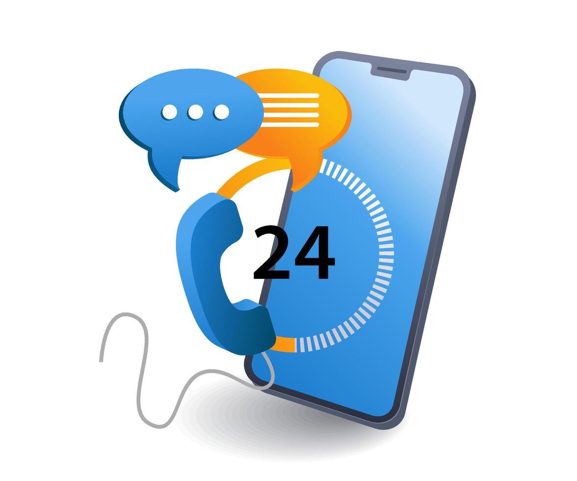 Smartphone online communication 24 hours infographics flat isometric 3d illustration vector