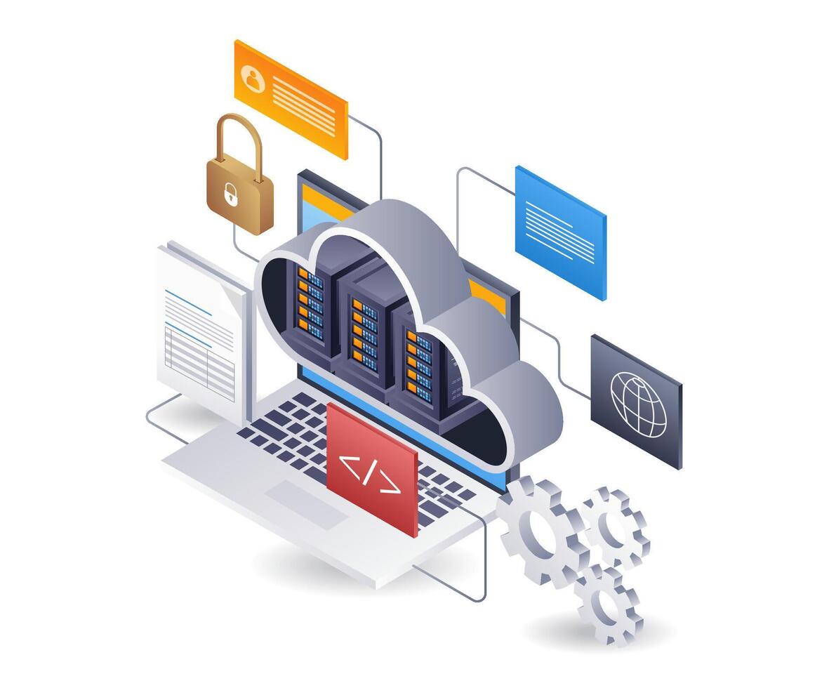 grande datos tecnología nube servidor tecnología, isométrica plano 3d ilustración infografía vector