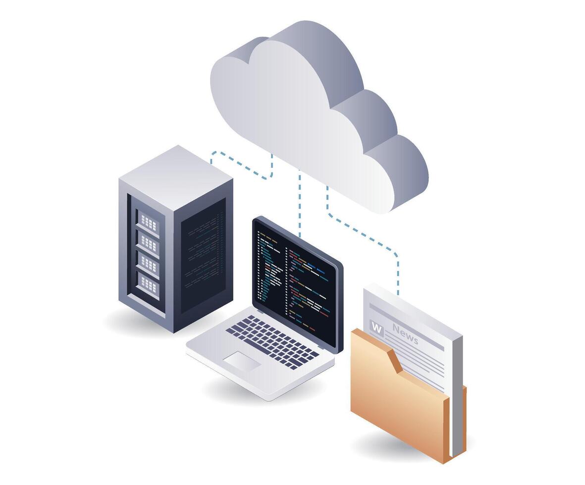 Cloud server computer programming language, isometric flat 3d illustration infographic vector