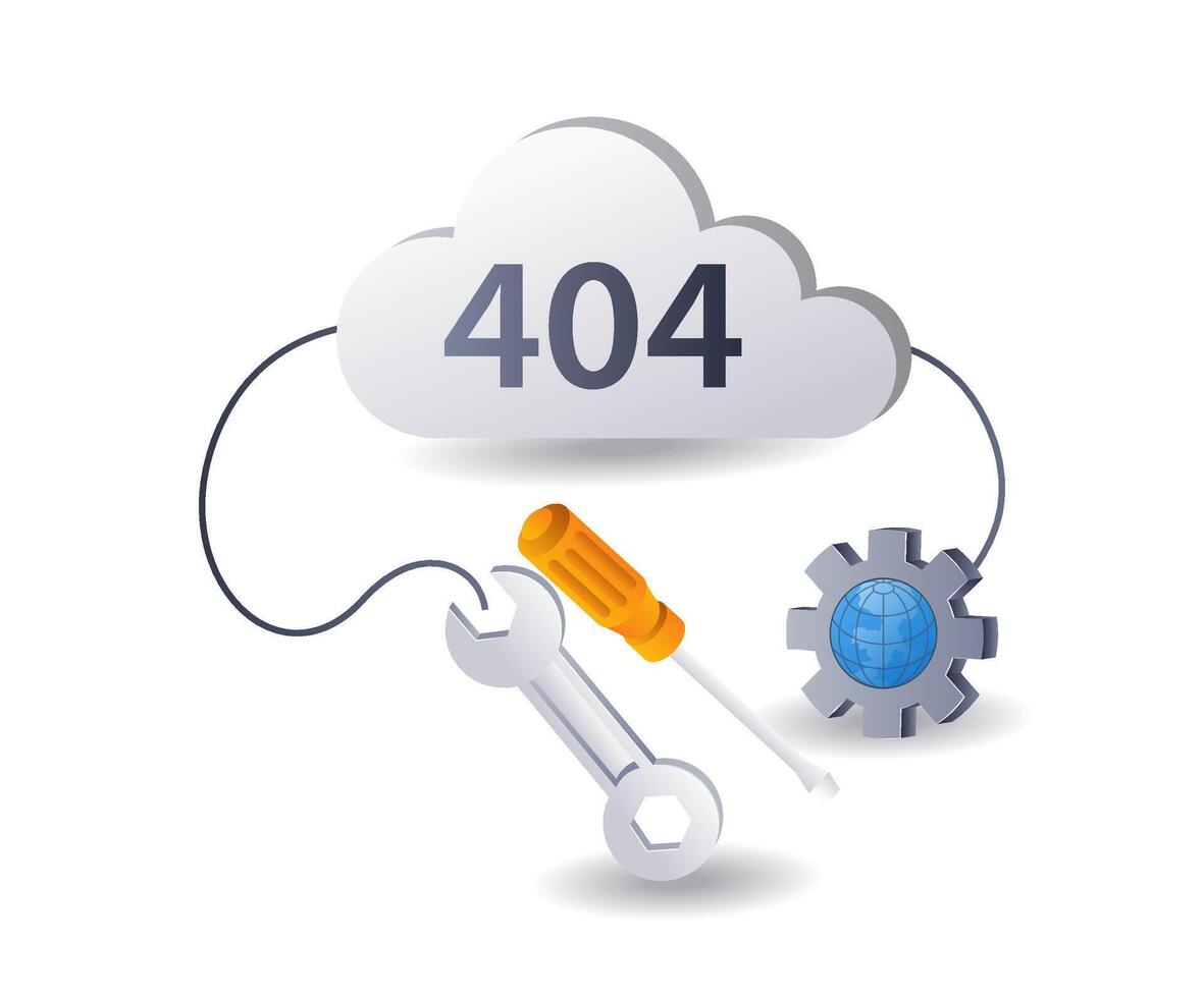404 error reparar sistema, 3d plano isométrica ilustración infografía vector