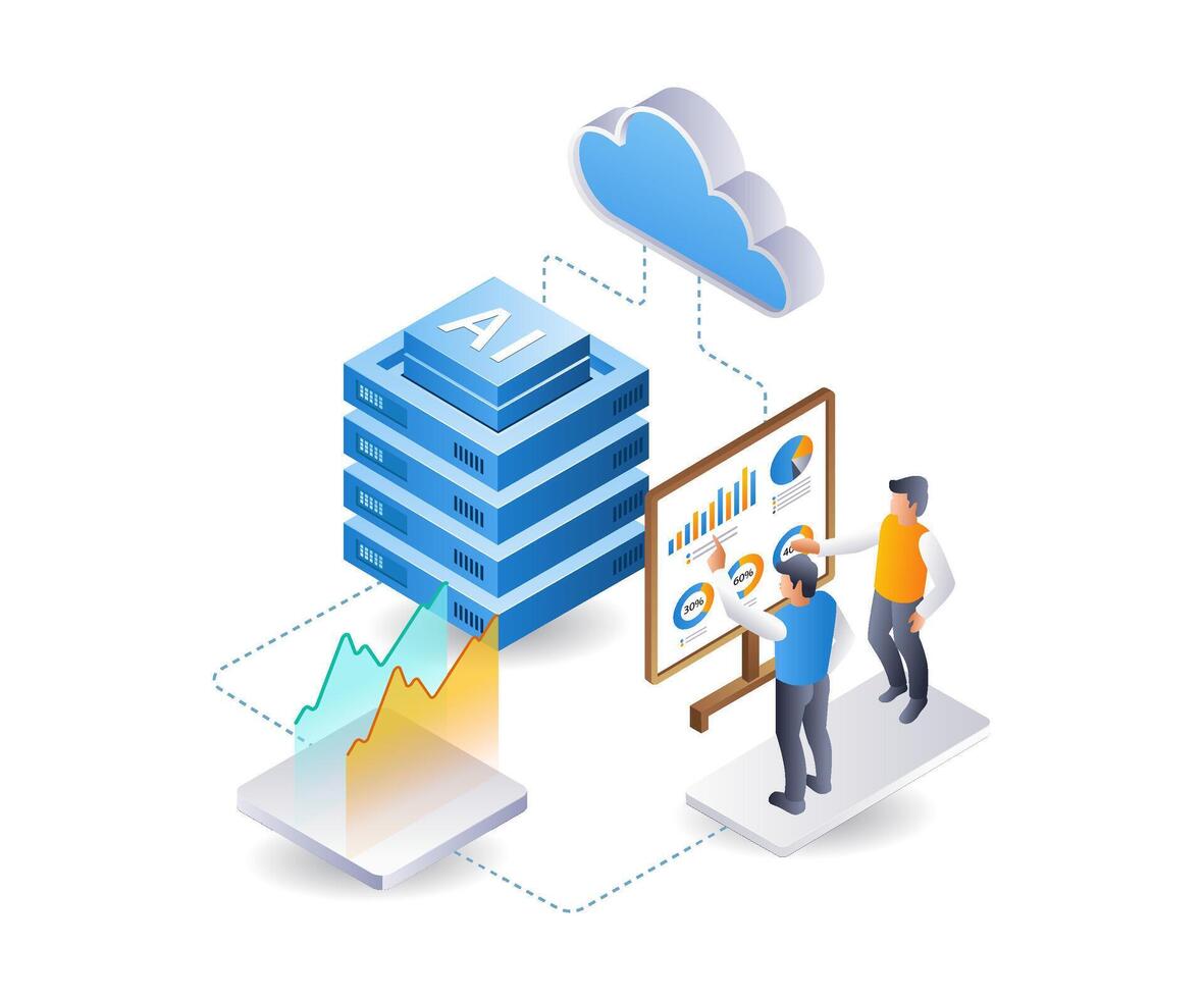 Team analyzing cloud server ai development data, isometric flat 3d illustration infographic vector