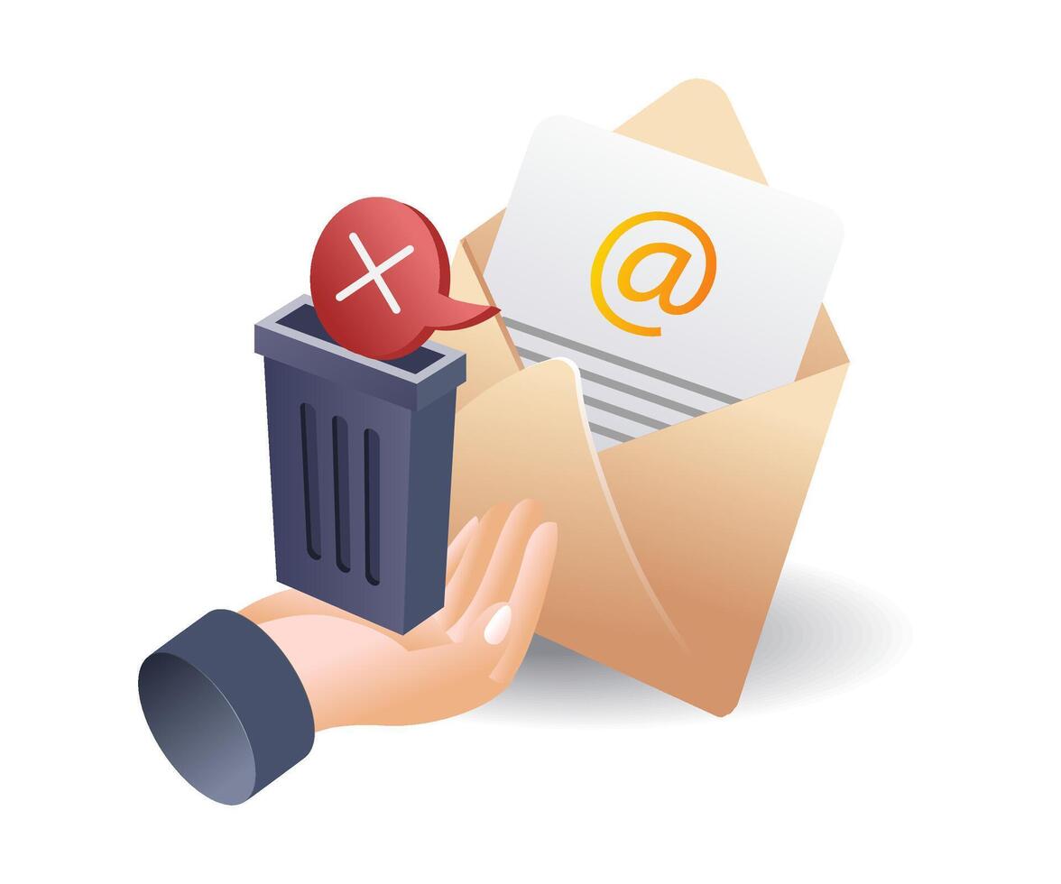 Email with trash in hand infographic 3d illustration flat isometric vector