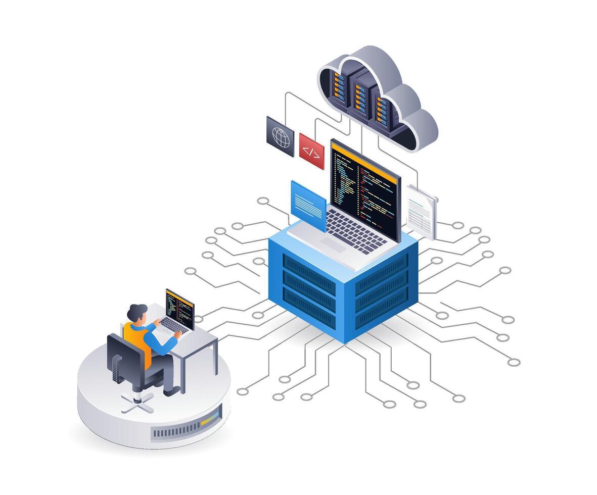 Programmer maintains technology cloud server, isometric flat 3d illustration infographic vector