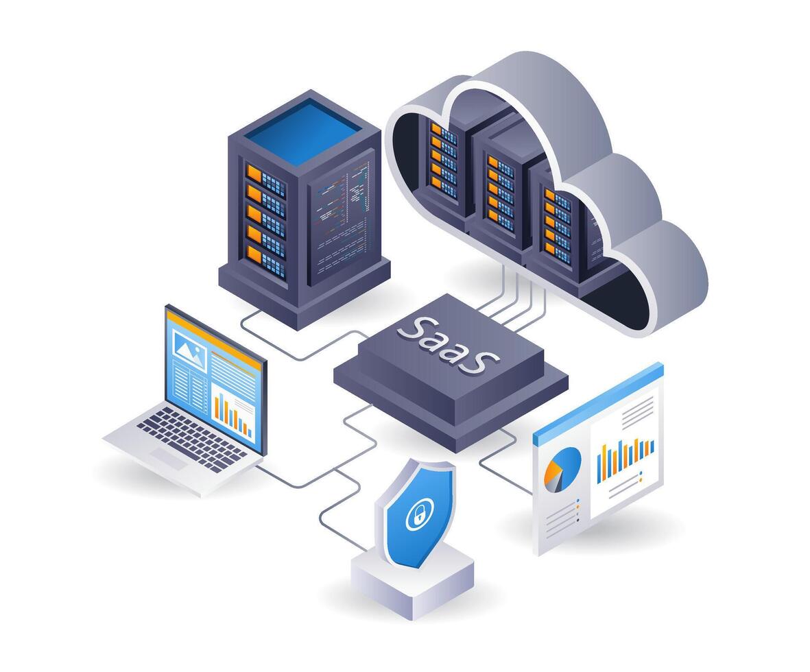 saas nube servidor tecnología sistema proceso, plano isométrica 3d ilustración infografía vector