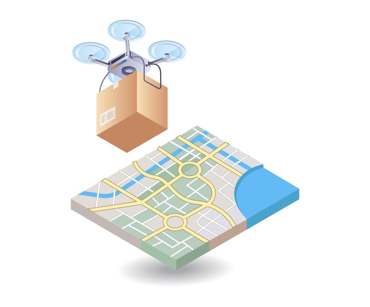 Drone with location map, flat isometric 3d illustration infographic vector