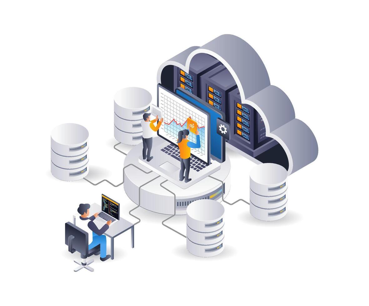 Analysis team maintains technology cloud server, infographic 3d illustration flat isometric vector