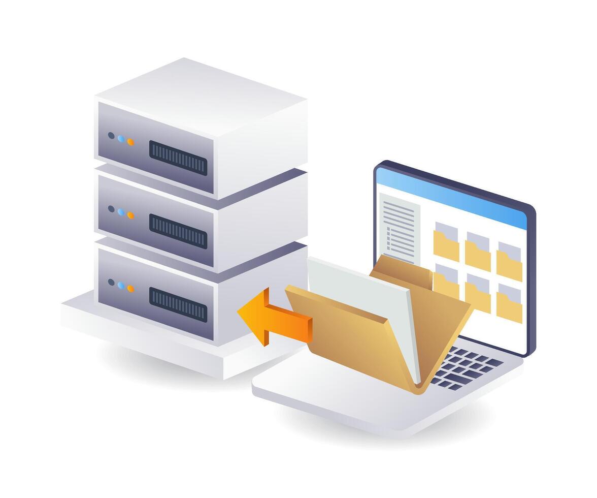 Computer folder data with technology server infographic flat isometric 3d illustration vector