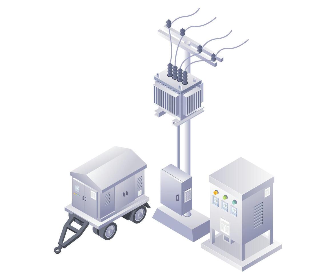 electricidad generando equipo tecnología infografía 3d ilustración plano isométrica vector