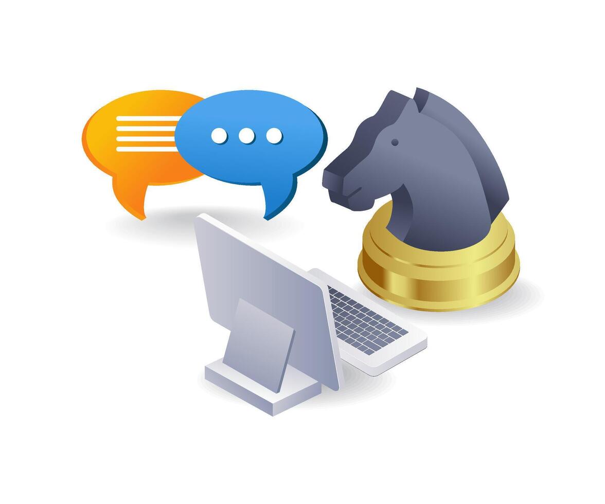 Horse talking on computer infographic 3d illustration flat isometric vector