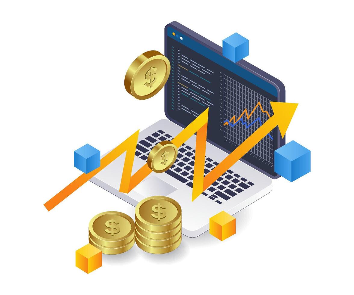 Technology business blockchain analysis flat isometric illustration vector