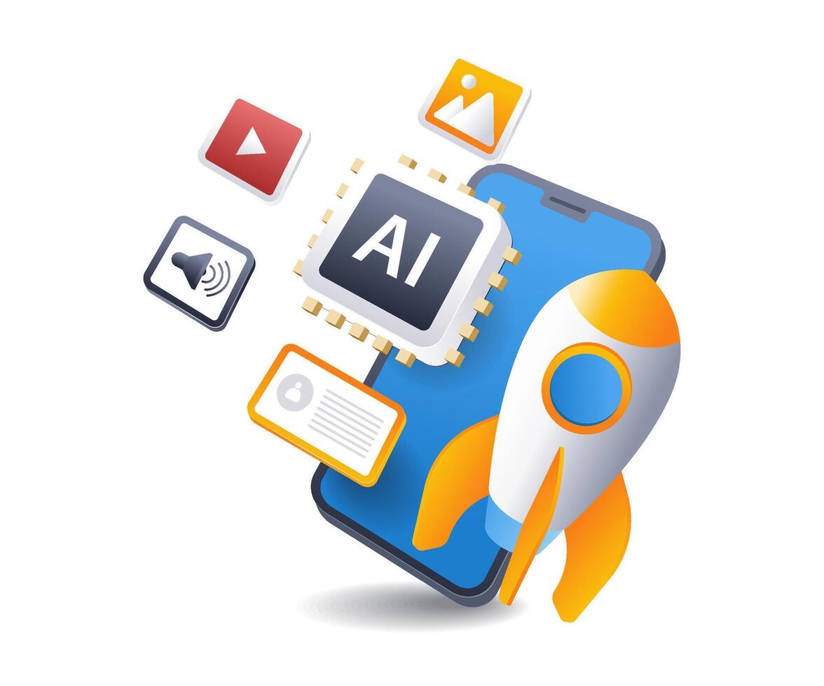 Launching smartphone artificial intelligence application infographic 3d flat isometric illustration vector