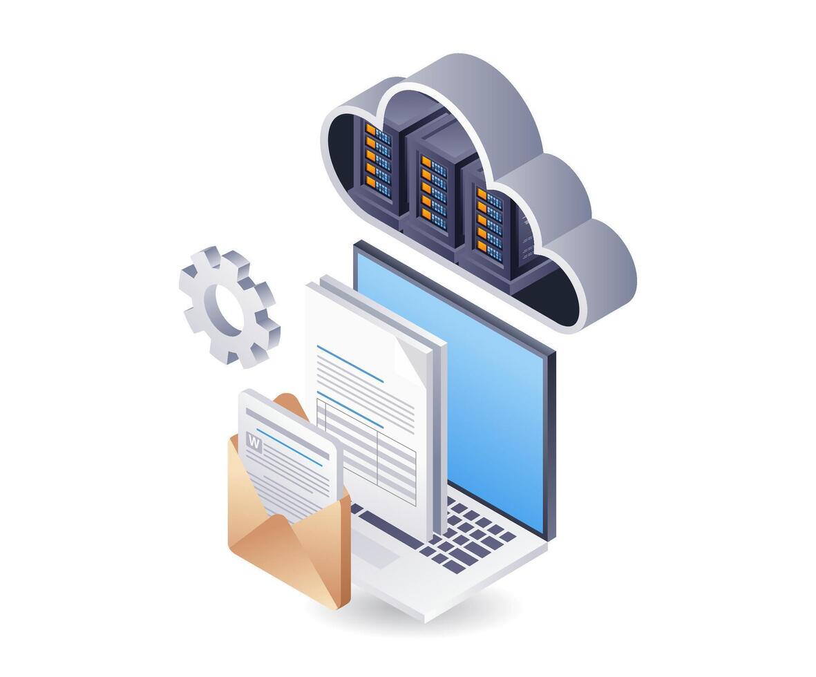 Cloud server data computer, infographic 3d illustration flat isometric vector