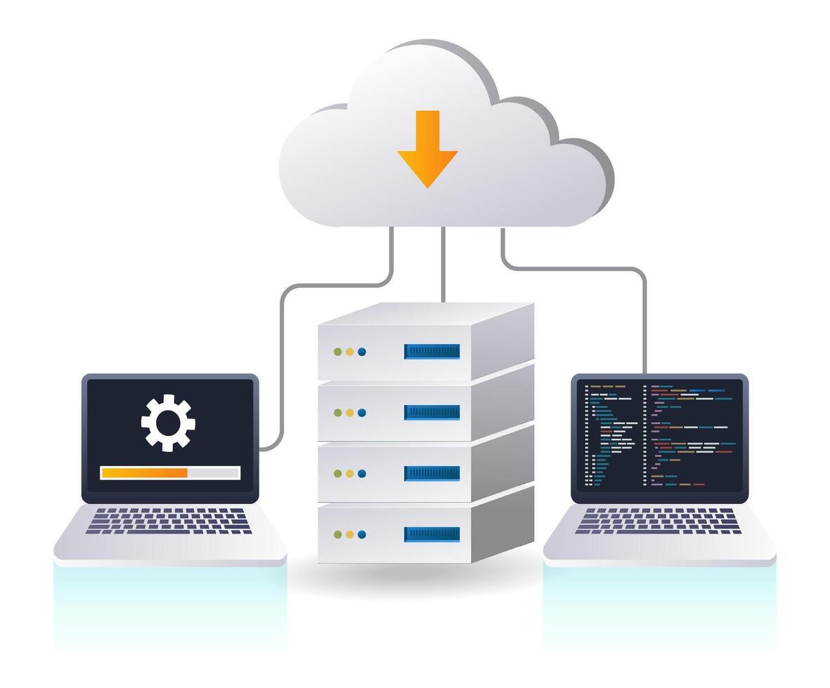 Maintaining technology cloud server system, infographic 3d illustration flat isometric vector