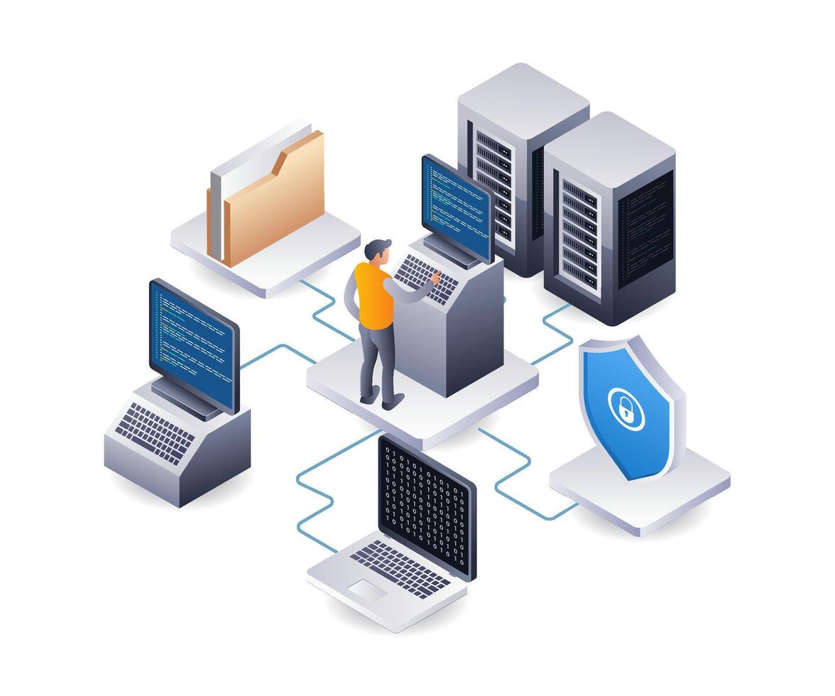 seguridad programa hospedaje nube datos servidor tecnología infografía 3d ilustración plano isométrica vector