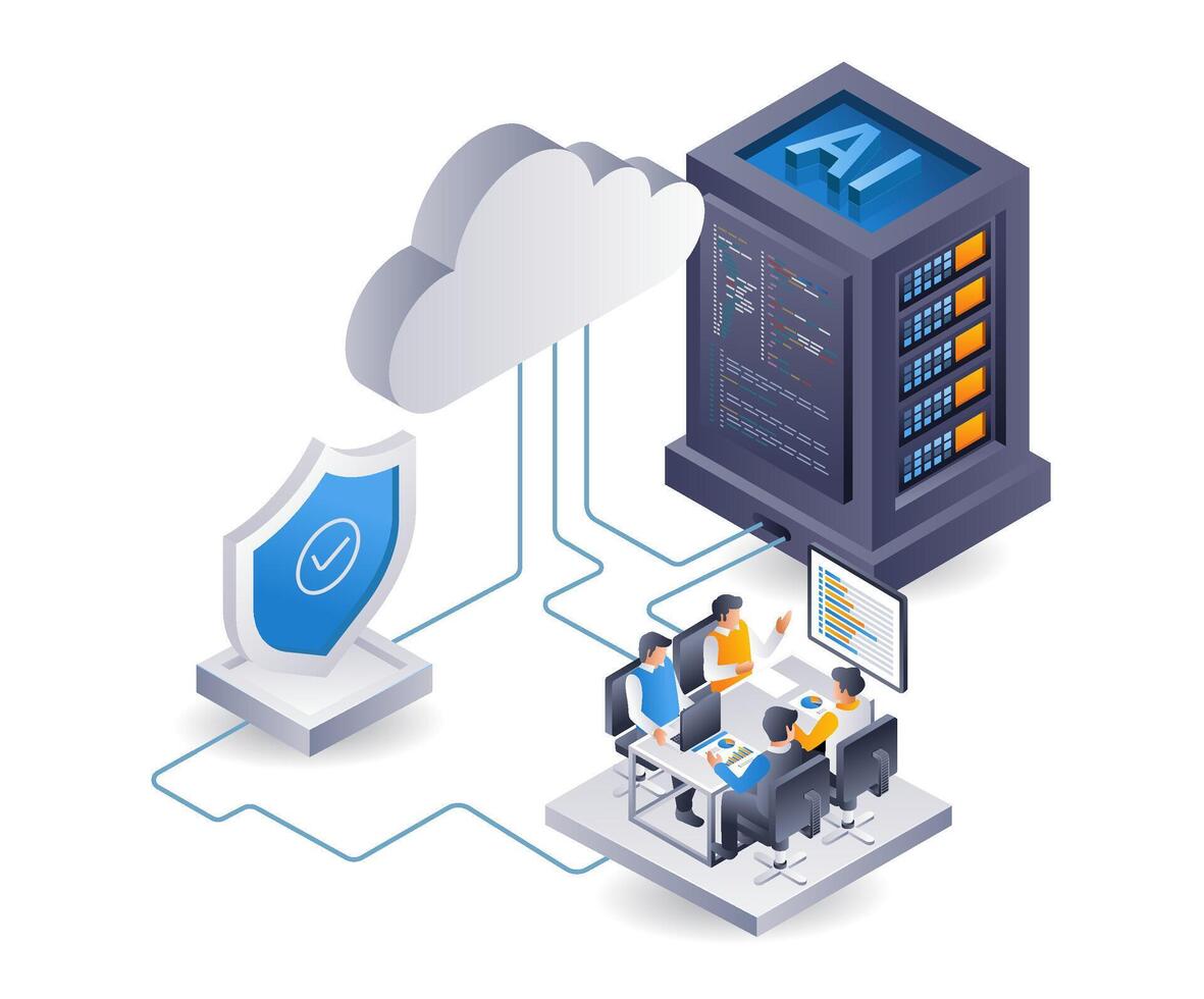Cloud server security center team, infographic 3d illustration flat isometric vector