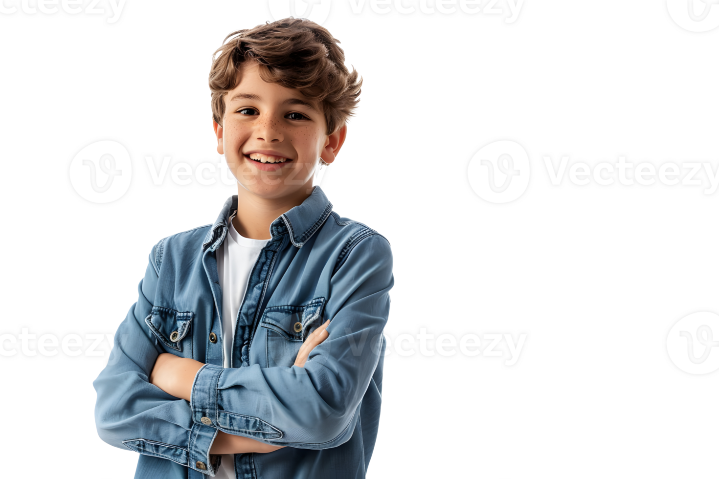 Smiling boy with crossed arms looking at camera and posing isolated over transparent background png